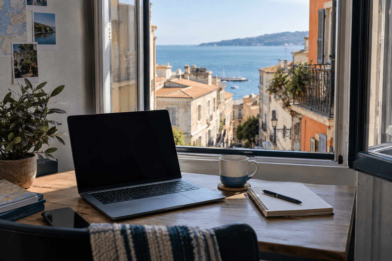 Bureau simple face à une ville côtière